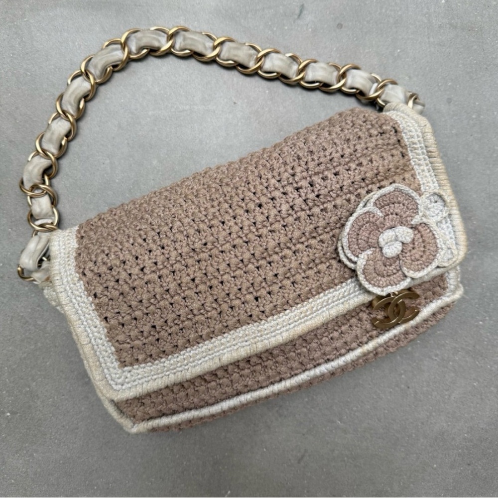 Authentic CHANEL Dark Beige White Crochet Camelia Chain Strap Flap Bag RARE
